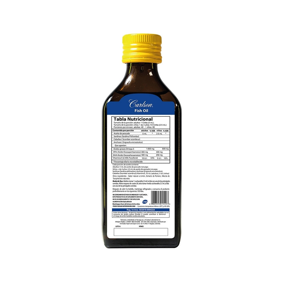 ACEITE FISH OIL OMEGA 3 CARLSON 1600 MG LIMON FRASCO 200 ML