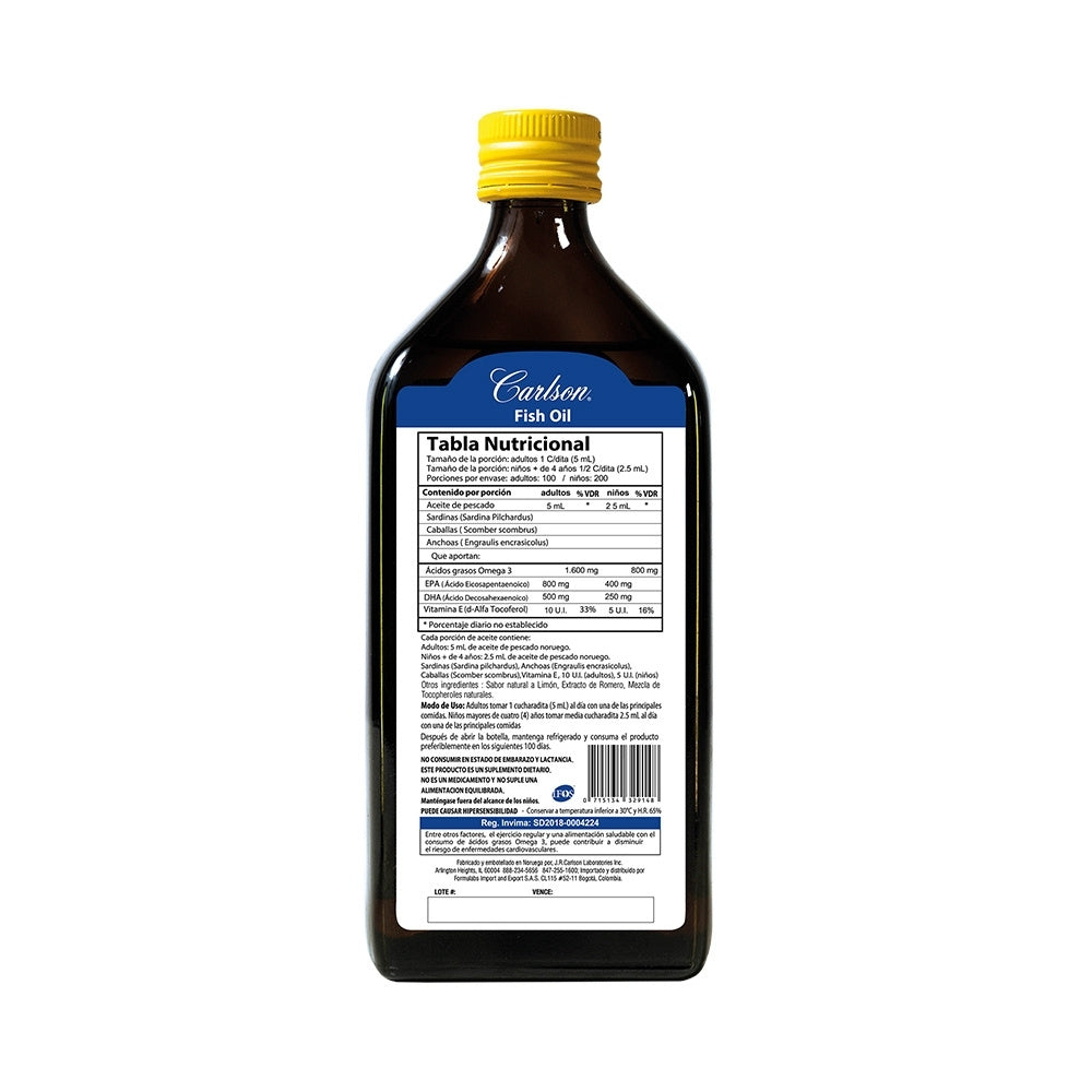 ACEITE FISH OIL OMEGA 3 CARLSON 1600 MG LIMON FRASCO 500 ML