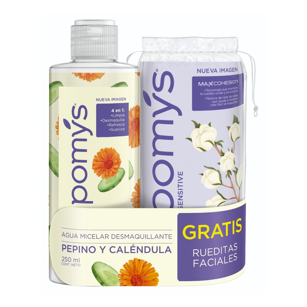 AGUA MICELAR POMYS PEPINO X250ML+ RUEDITAS FACIALES BOLSA X 80 UNDS