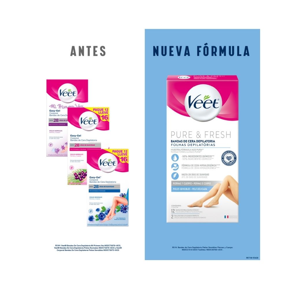 BANDAS DEPILATORIAS VEET PIERNAS Y CUERPO PIEL SENSIBLE CAJA X 12 UNDS