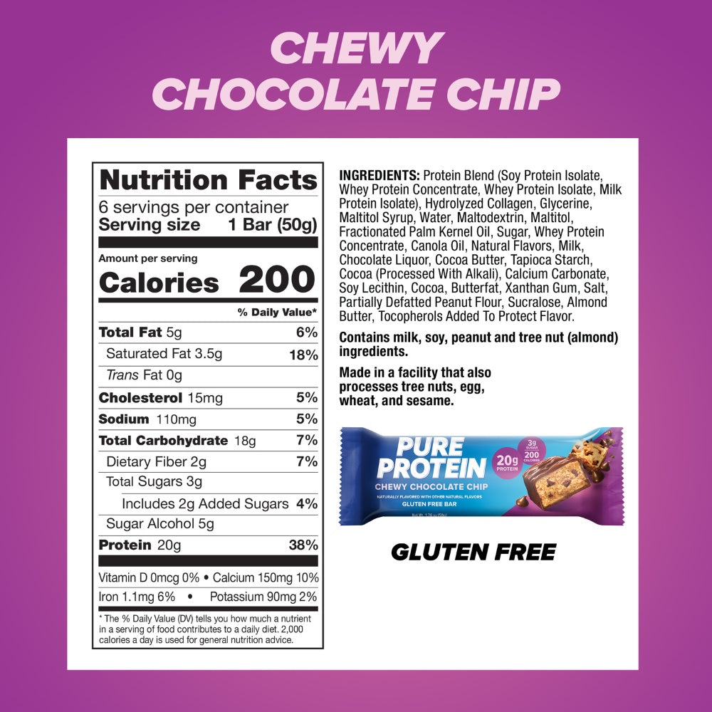 BARRA DE PROTEINA PURE PROTEIN CHEWY CHOCOLATE CHIP BOLSA 50 G