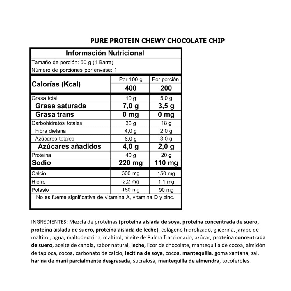 BARRA DE PROTEINA PURE PROTEIN CHEWY CHOCOLATE CHIP BOLSA 50 G