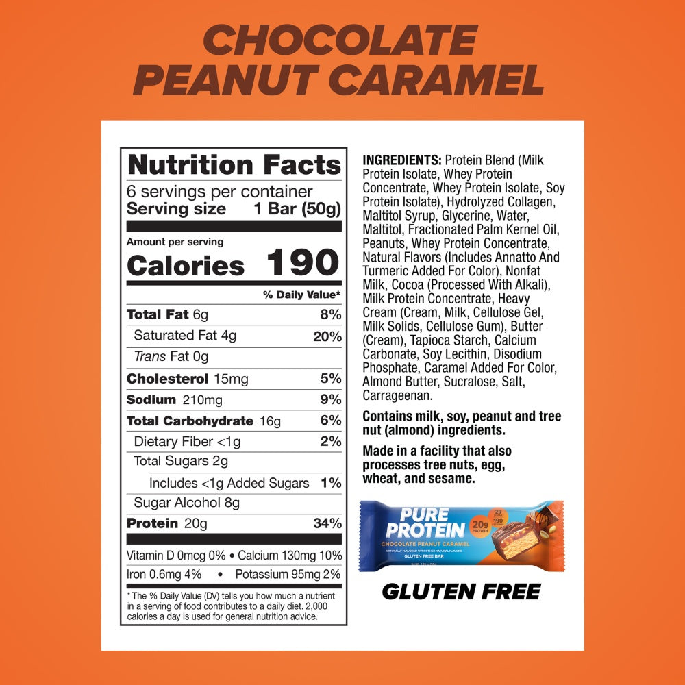 BARRA DE PROTEINA PURE PROTEIN CHOCOLATE PEANUT CARAMEL BOLSA 50 G