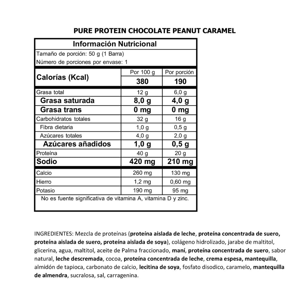 BARRA DE PROTEINA PURE PROTEIN CHOCOLATE PEANUT CARAMEL BOLSA 50 G