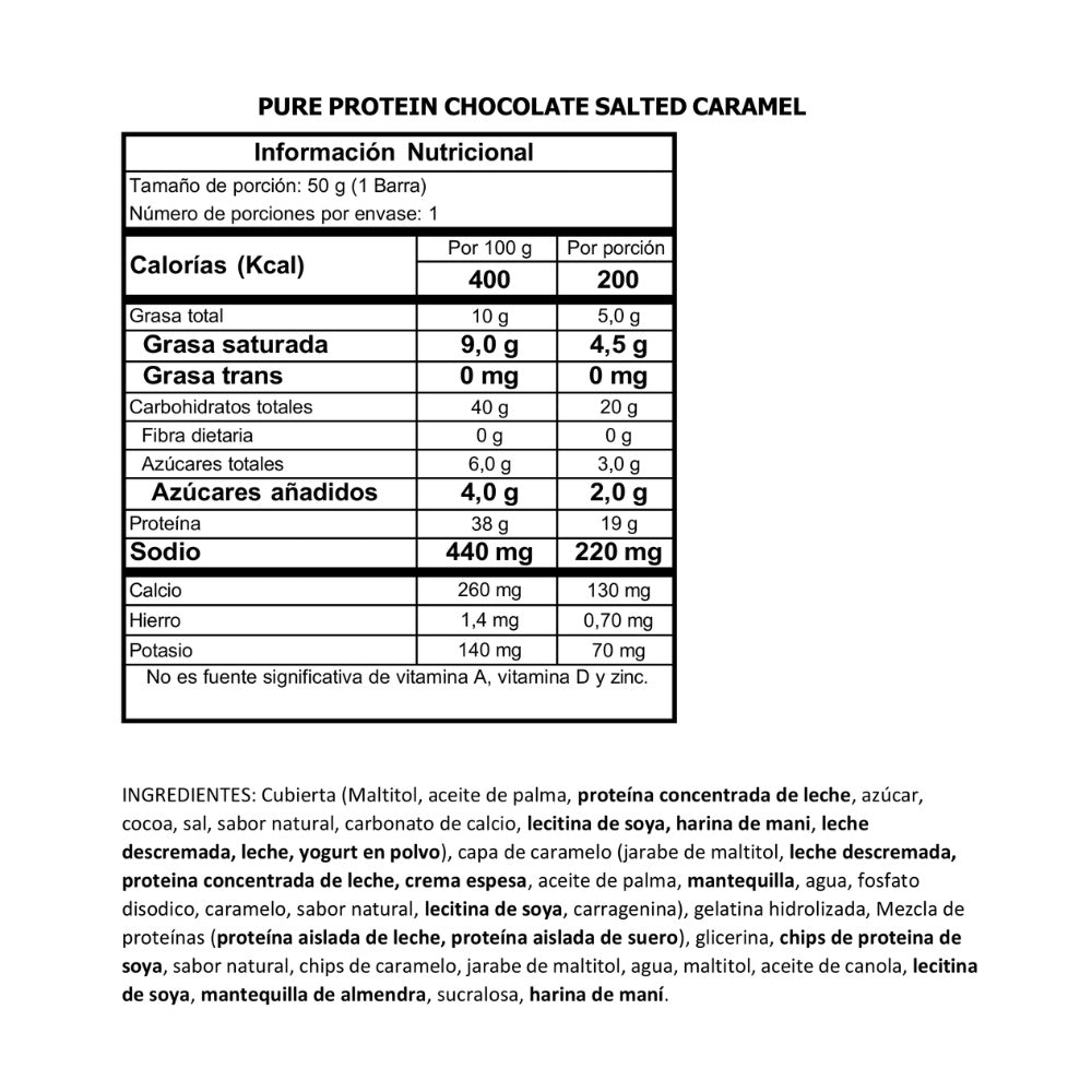 BARRA DE PROTEINA PURE PROTEIN CHOCOLATE SALTED CARAMEL BOLSA 50 G