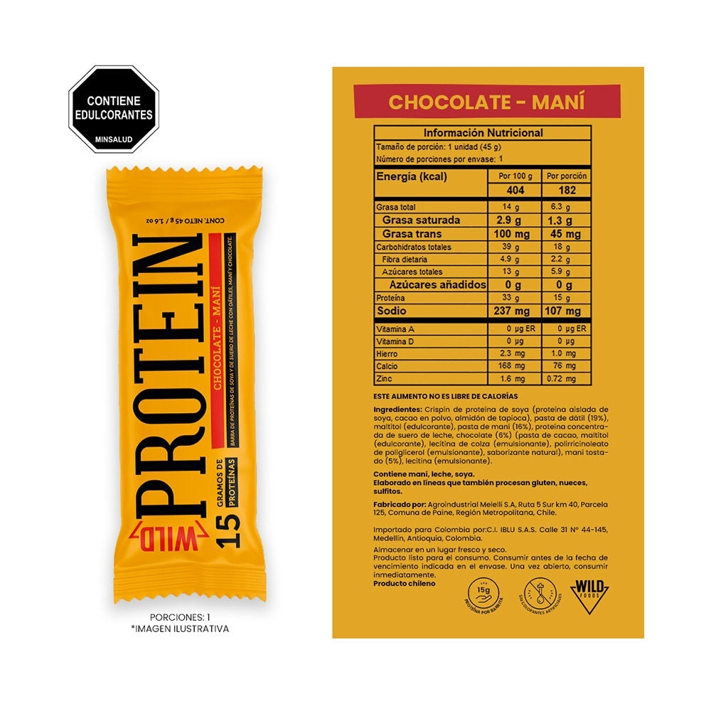 BARRA DE PROTEINA WILD PROTEIN CHOCOLATE-MANI BOLSA 45 G