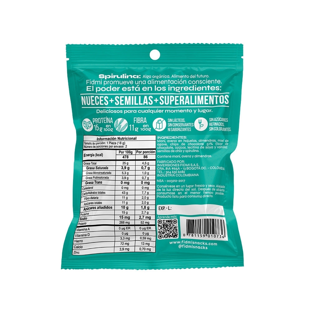 BOLITA DE ENERGIA FIDMI SPIRULINA Y CACAO BOLSA 36 G