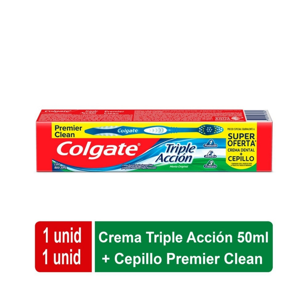 CEPILLO DENTAL PREMIER CLEAN + CREMA DENTAL TRIPLE ACCIÓN CAJA 50 ML