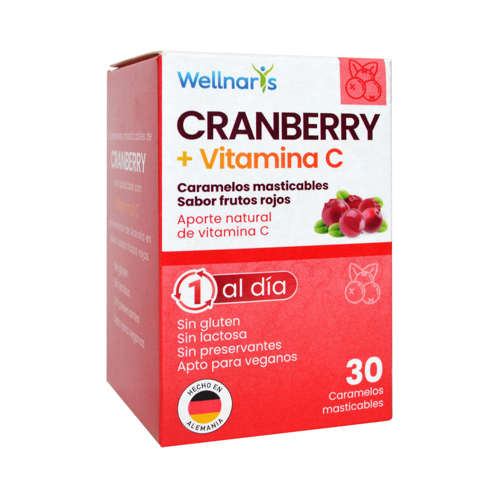 CRANBERRY + VITAMINA C CARAMELOS MASTICABLES FRUTOS ROJOS FRASCO X 30 UNDS