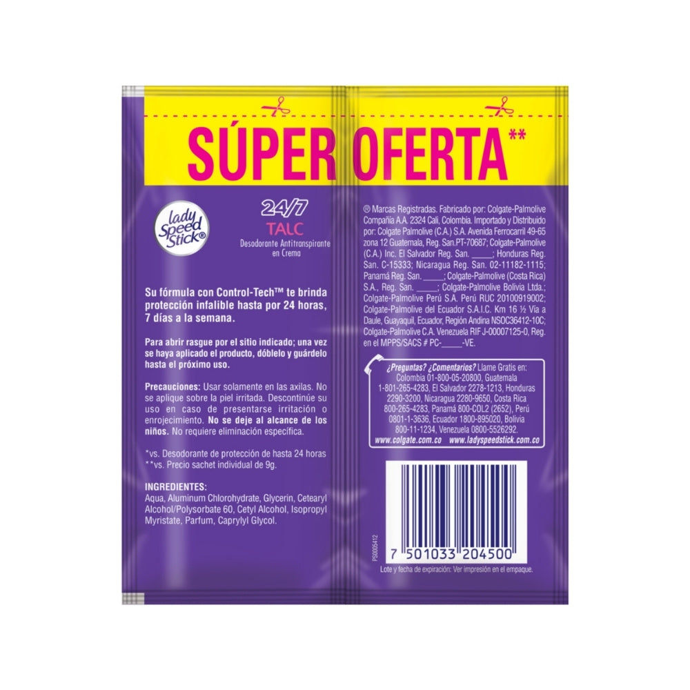 DESODORANTE CREMA LADY SPEED STICK TALC DUO CAJA X 18 SACHETS