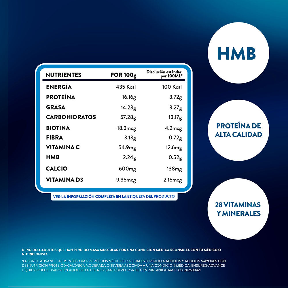 ENSURE ADVANCE CHOCOLATE POLVO PROTEINA + HMB LATA 400 G
