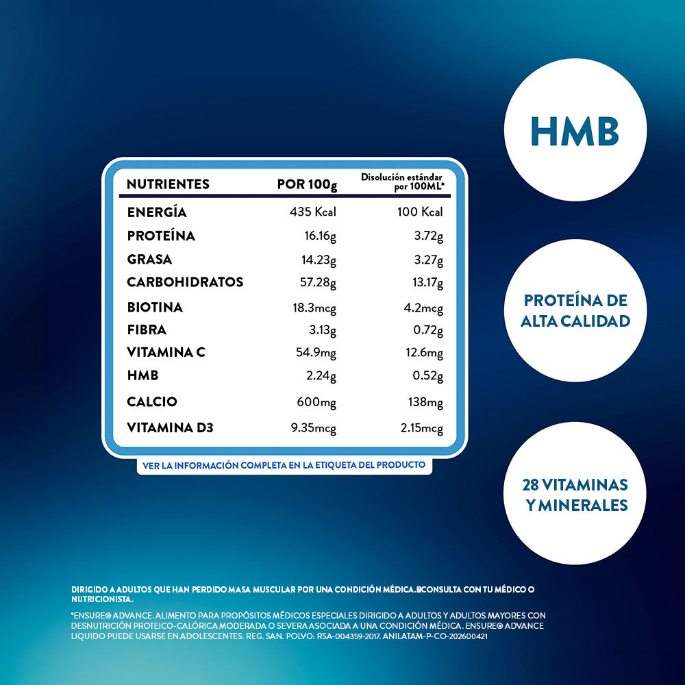 ENSURE ADVANCE VAINILLA POLVO PROTEINA + HMB LATA 400 G