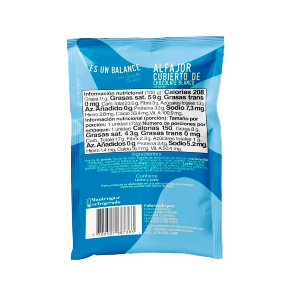 ES UN BALANCE ALFAJOR CUBIERTO DE CHOCOLATE BLANCO BOLSA 65 G