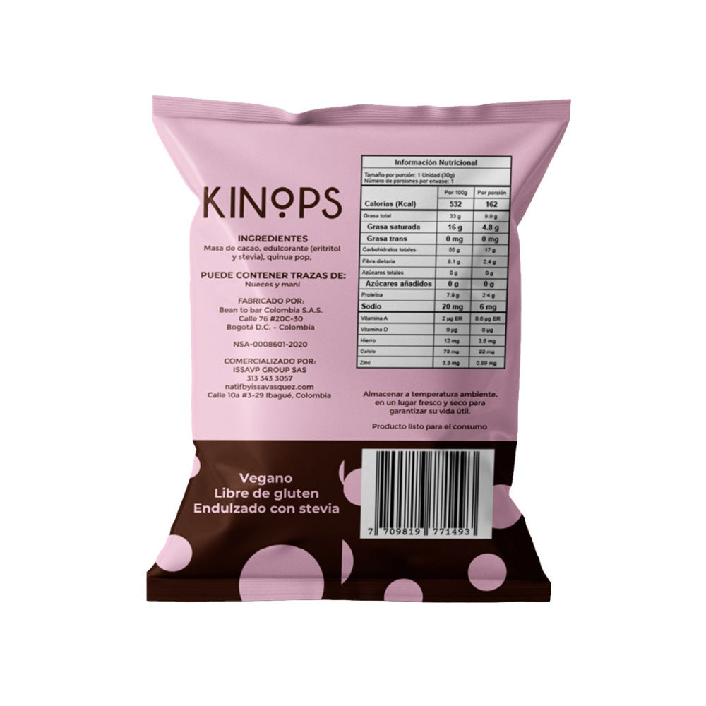 KINOPS CHOCOLATE OSCURO 30 G SIN AZUCAR BOLSA 30 G