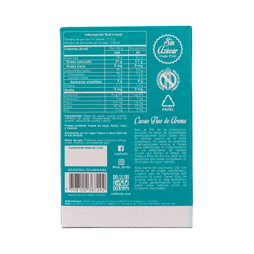 LOK BARRA CHOCOLATE STEVIA 65% CAJA 70 G