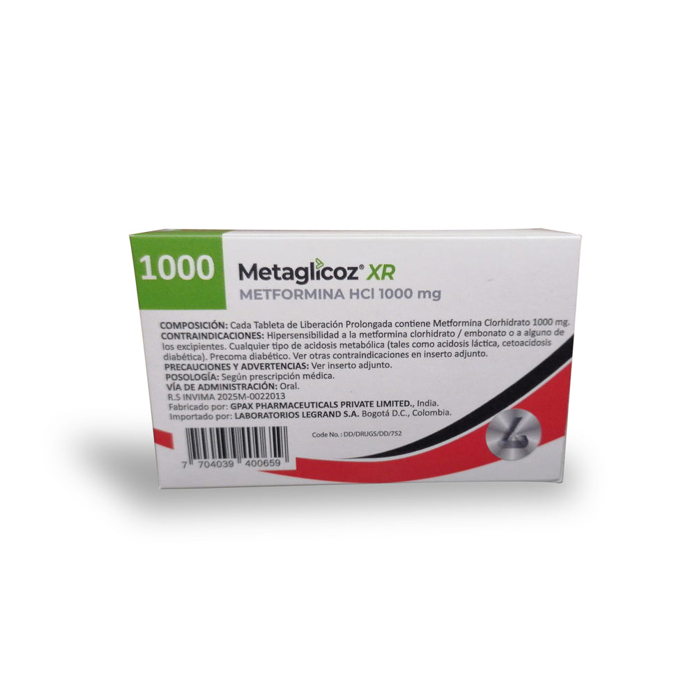 METAGLICOZ XR 1000MG TABLETAS CAJA X 30 UNDS