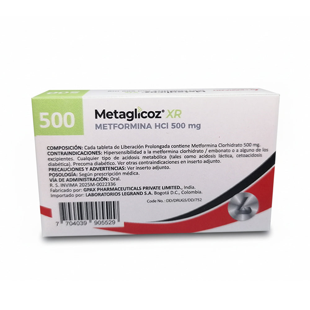 METAGLICOZ XR 500MG TABLETAS CAJA X 30 UNDS