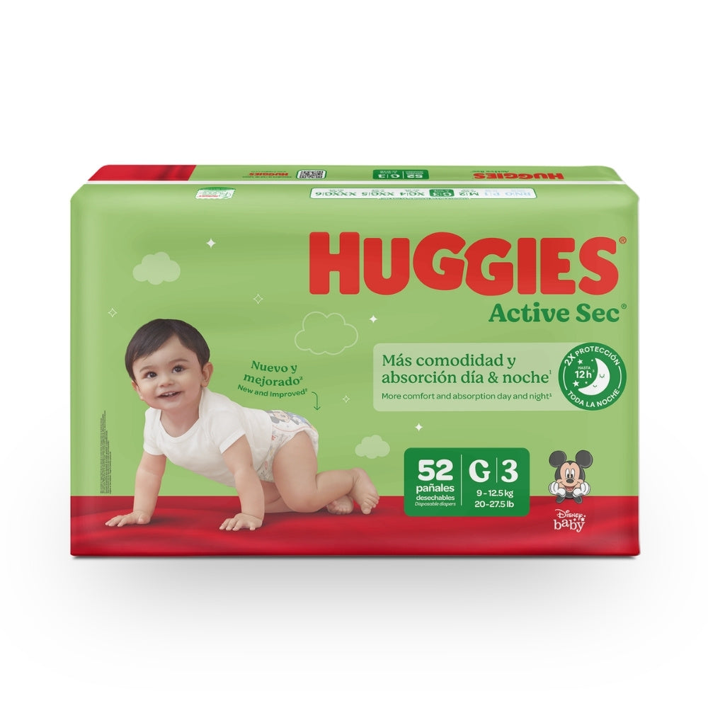 PAÑALES HUGGIES ACTIVE SEC ETAPA 3 BOLSA X 52 UNDS