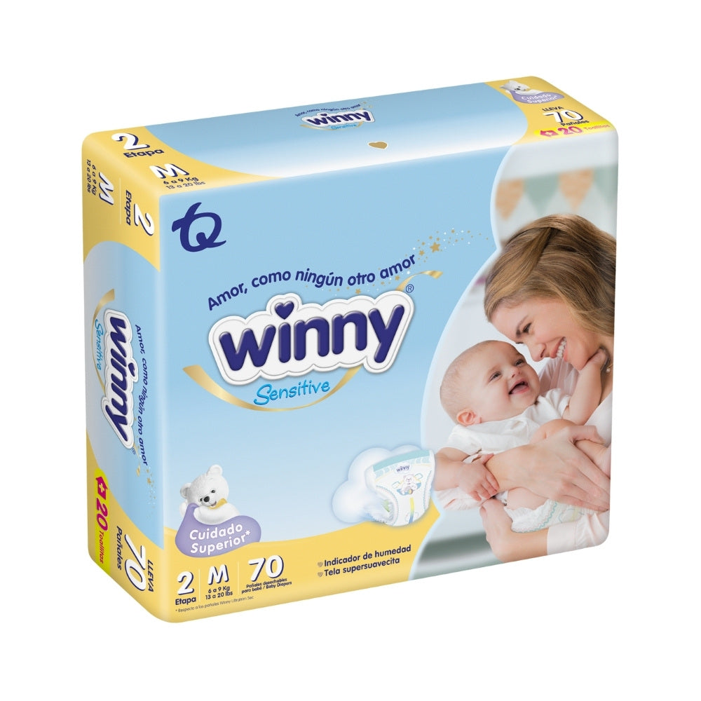 PAÑALES WINNY SENSITIVE ET2 + TOALLITAS AVENA X20 BOLSA X 70 UNDS