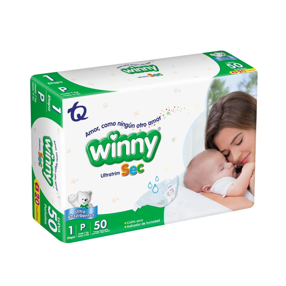 PAÑALES WINNY ULTRATRIM SEC ET 1 + TOALLITAS ALOE X20 BOLSA X 50 UNDS