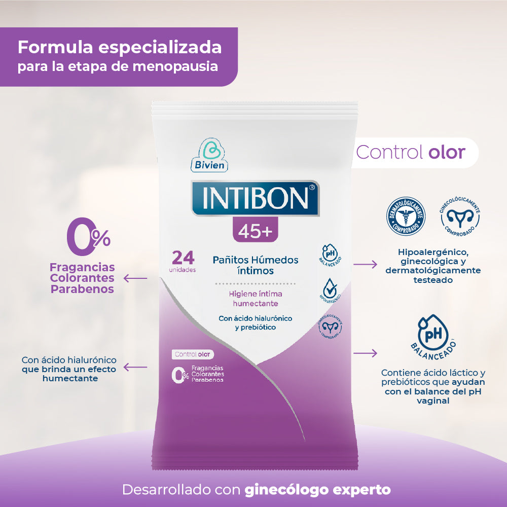 PAÑITOS HUMEDOS INTIMOS INTIBON 45+ BOLSA X 24 UNDS
