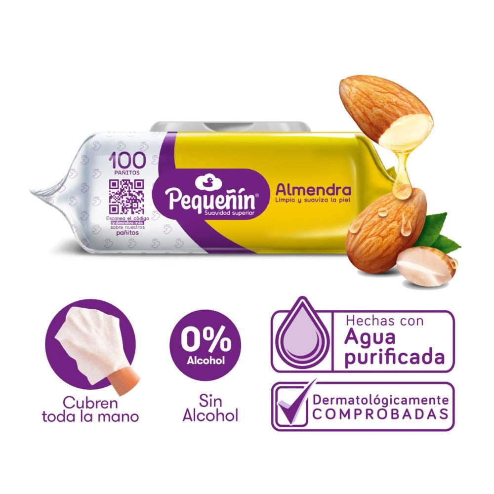 PAÑITOS HUMEDOS PEQUEÑIN ALMENDRA BOLSA X 100 UNDS