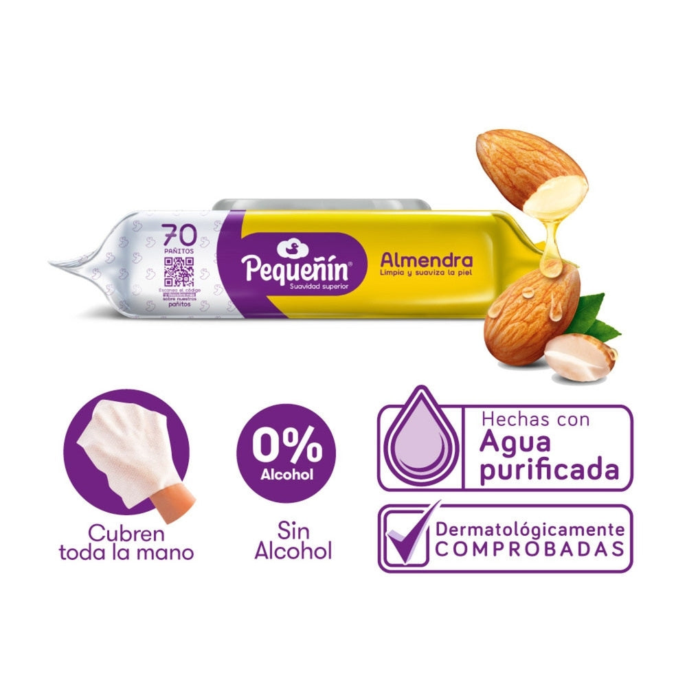 PAÑITOS HUMEDOS PEQUEÑIN ALMENDRA BOLSA X 70 UNDS