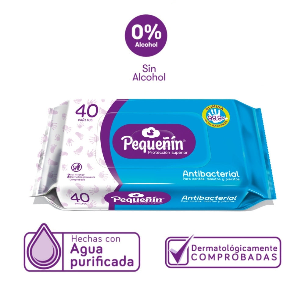 PAÑITOS HUMEDOS PEQUEÑIN ANTIBACTERIAL BOLSA X 40 UNDS