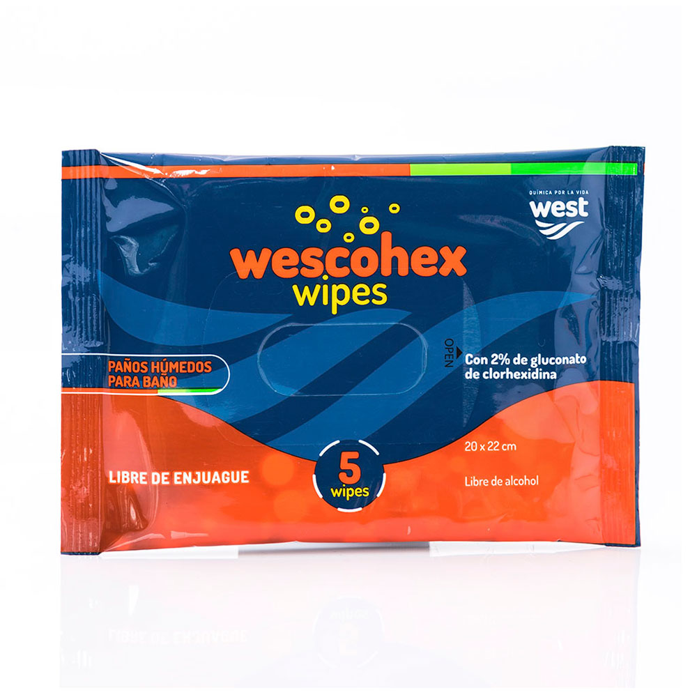 PAÑOS HUMEDOS WEST CLORHEXIDINA 2 % BOLSA X 5 UNDS