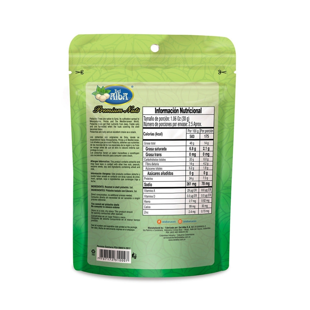 PASABOCAS DEL ALBA PISTACHO PREMIUM NUTS SALADO PAQUETE 70 G