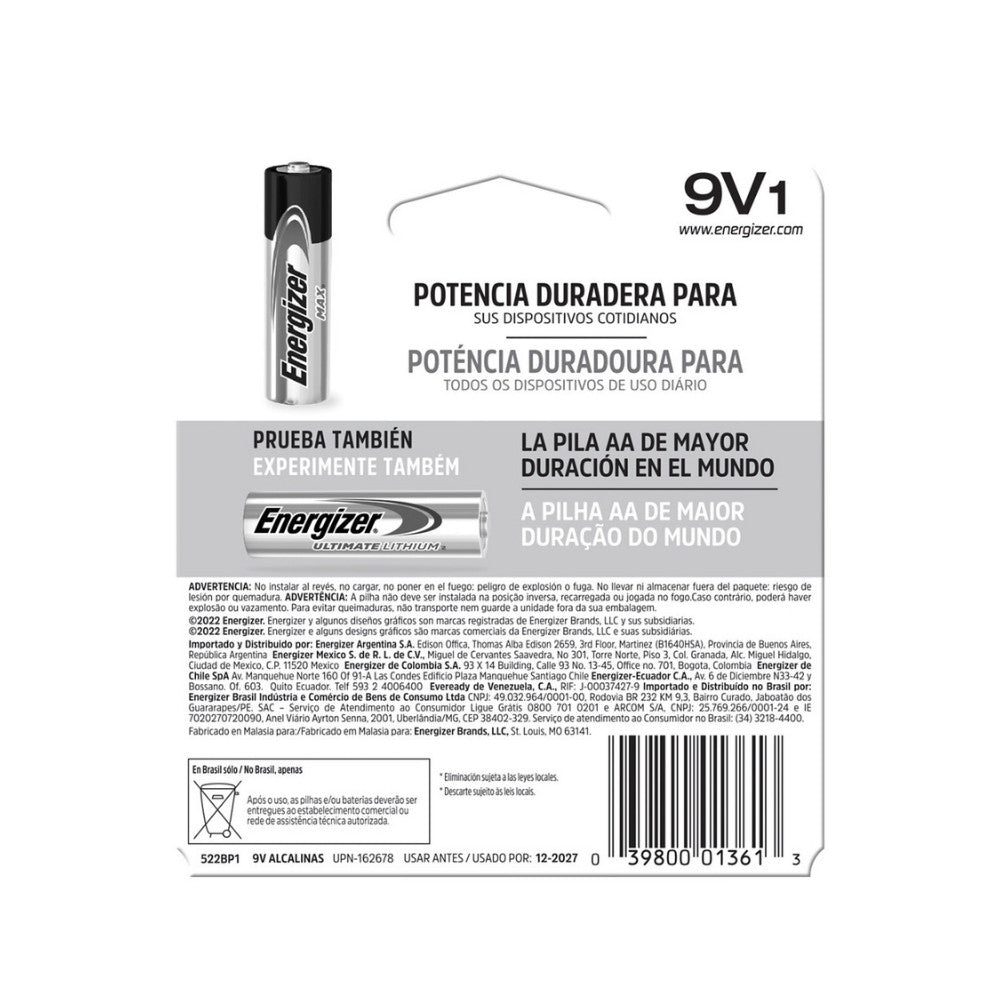 PILA ALCALINA ENERGIZER CUADRADA 9V X 1 UND