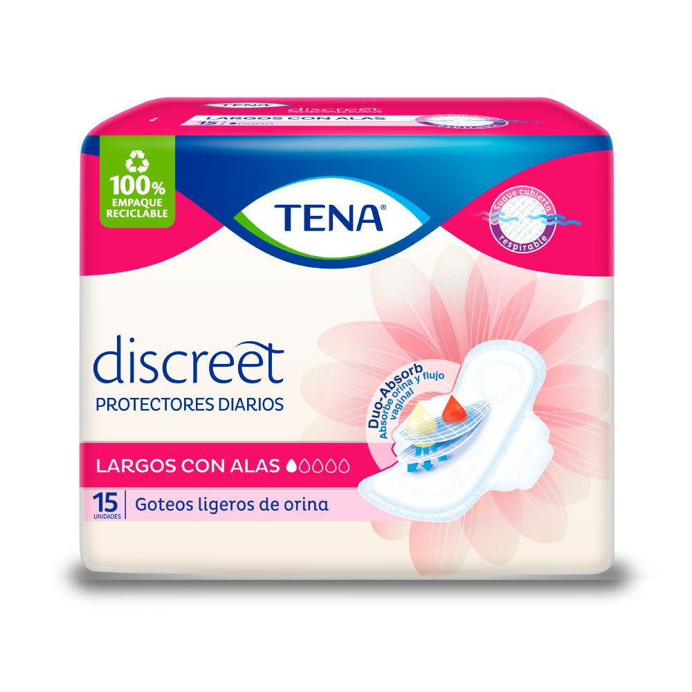 PROTECTORES TENA DISCREET LARGOS CON ALAS BOLSA X 15 UNDS