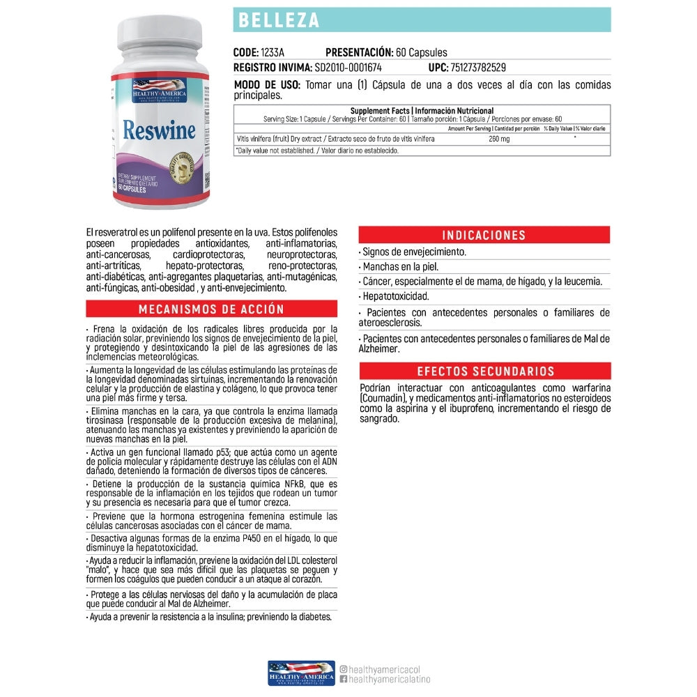 RESWINE CAPSULAS 260 MG FRASCO X 60 UNDS