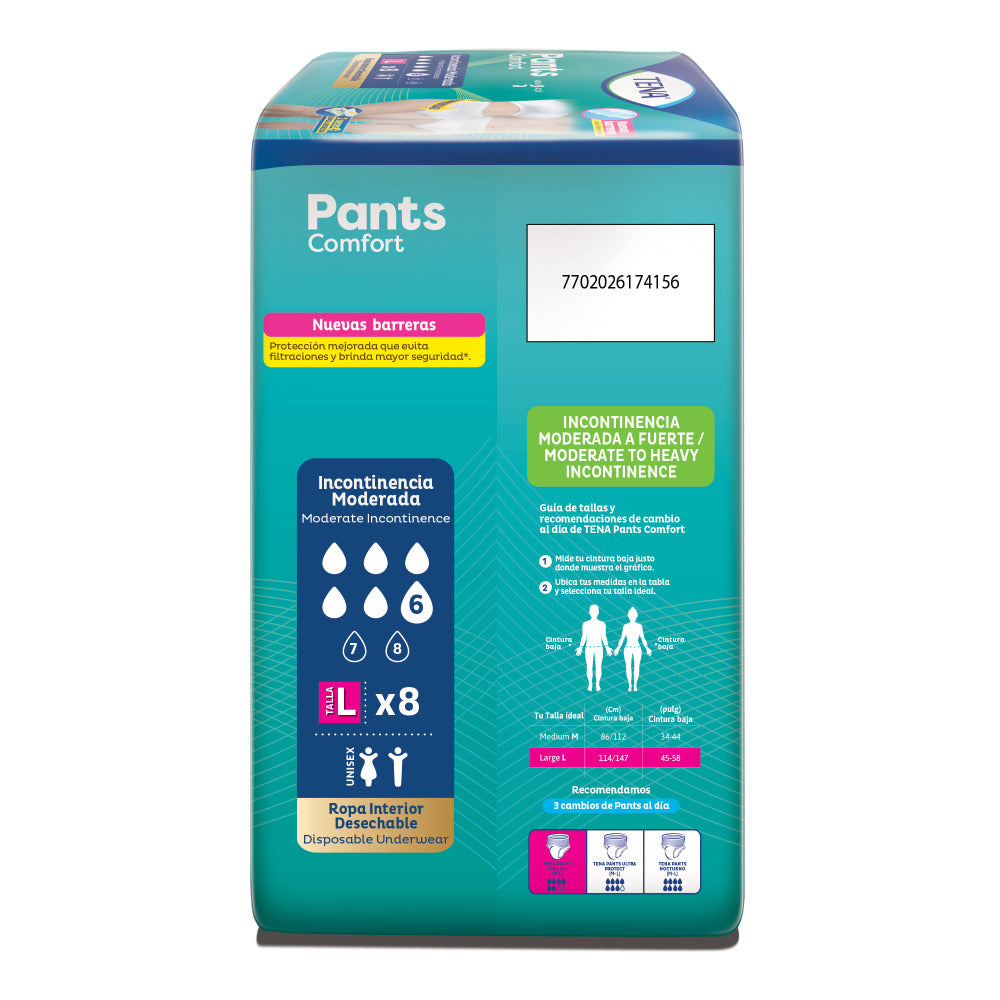 ROPA INTERIOR TENA PANTS COMFORT TALLA L BOLSA X 8 UNDS