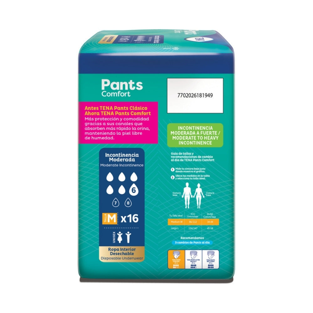ROPA INTERIOR TENA PANTS COMFORT TALLA M BOLSA X 16 UNDS