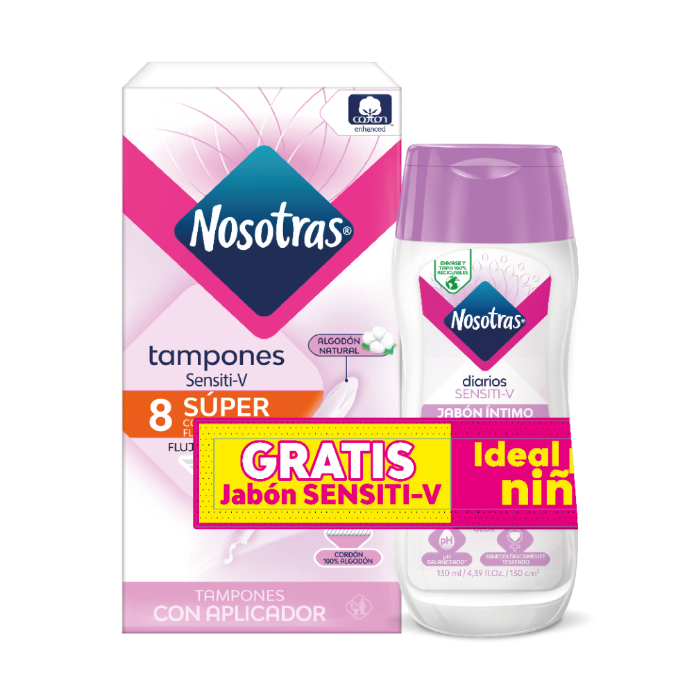 TAMPONES NOSOTRAS CON APLIC SUPER X8+ JABON INTIMO SENSITIVE FRASCO 130 ML