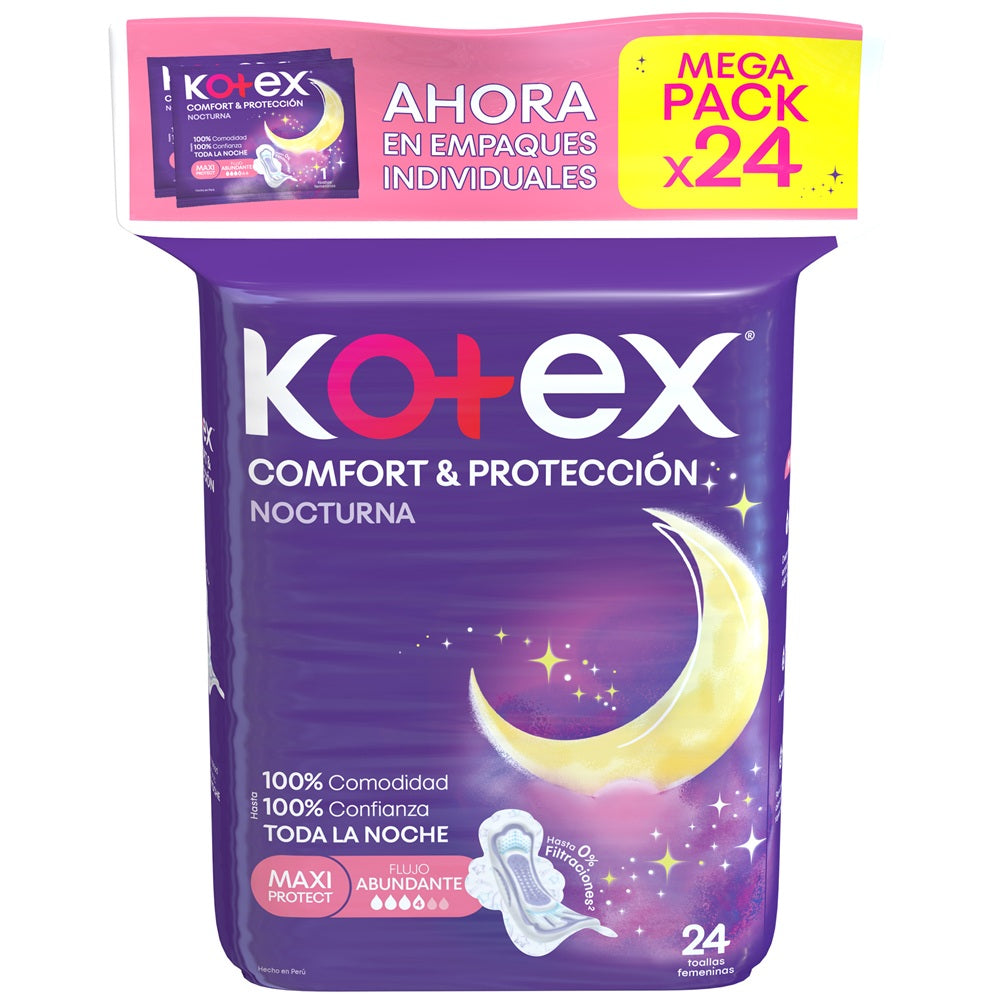 TOALLAS KOTEX COMFORT Y PROTECCION NOCTURNA BOLSA X 24 UNDS