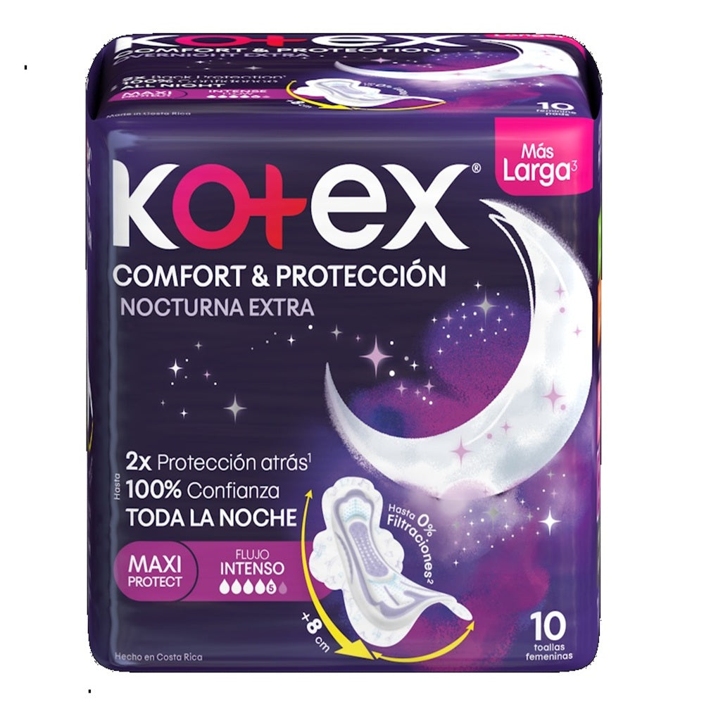 TOALLAS KOTEX COMFORT Y PROTECCION NOCTURNA EXTRA BOLSA X 10 UNDS