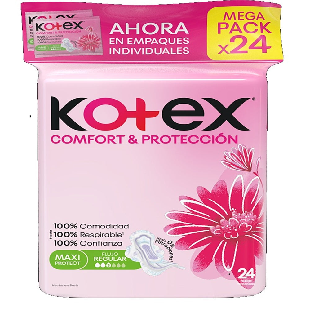 TOALLAS KOTEX COMFORT Y PROTECCION REGULAR BOLSA X 24 UNDS