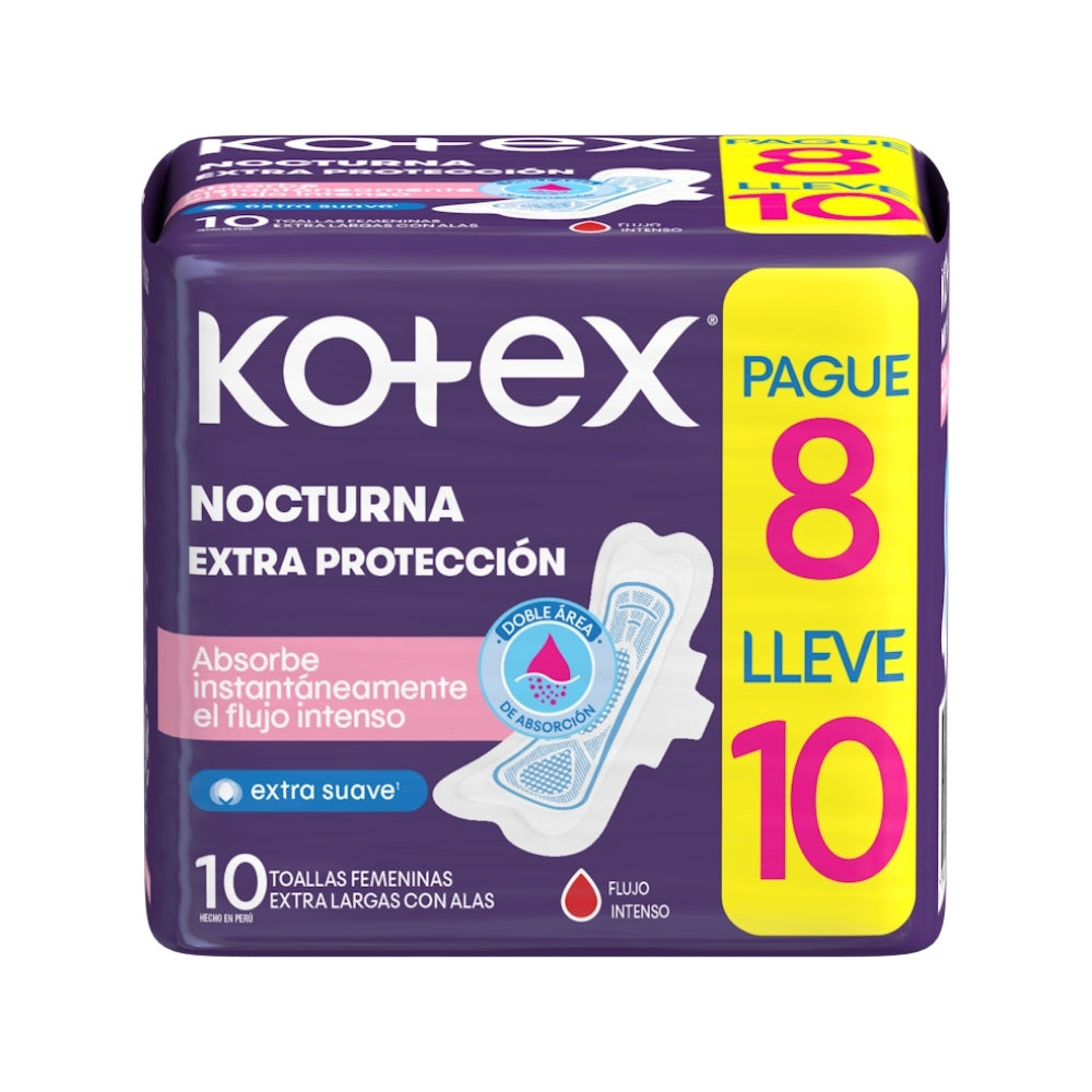 TOALLAS KOTEX NOCTURNA EXTRA PROTECCION BOLSA PAGUE 8 LLEVE 10