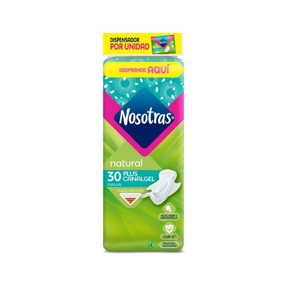 TOALLAS NOSOTRAS NATURAL PLUS CANAL GEL TELA BOLSA X 30 UNDS