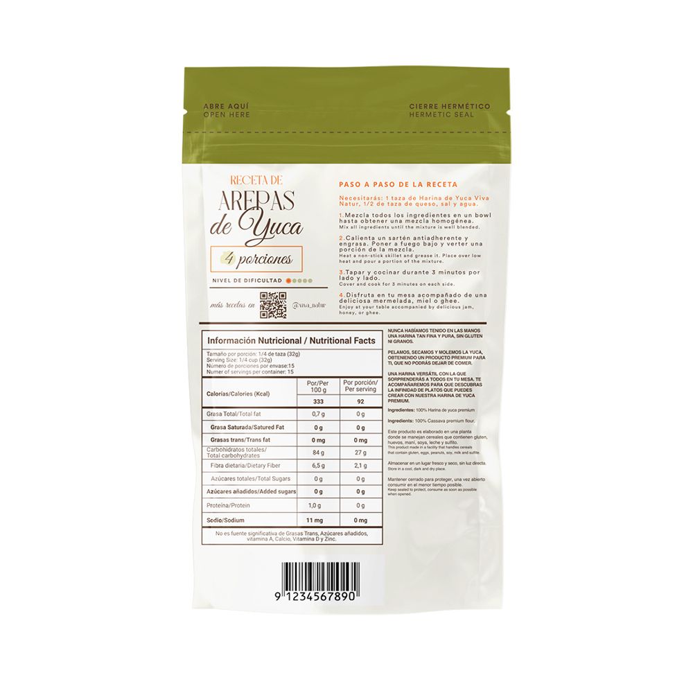 VIVA NATUR HARINA DE YUCA PREM BOLSA 480 G